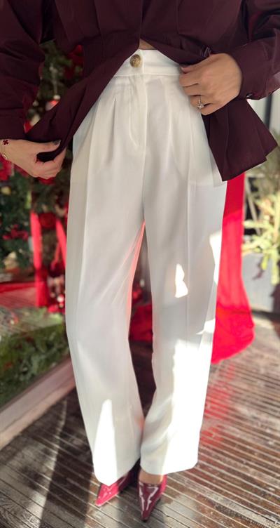 BEYAZ PİLELİ GOLD DÜĞME DETAYLI PALAZZO PANTOLON