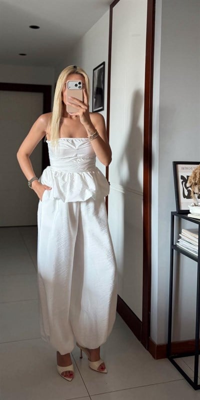 BEYAZ STRAPLEZ BLUZ PAÇASI LASTİKLİ PANTOLON TAKIM