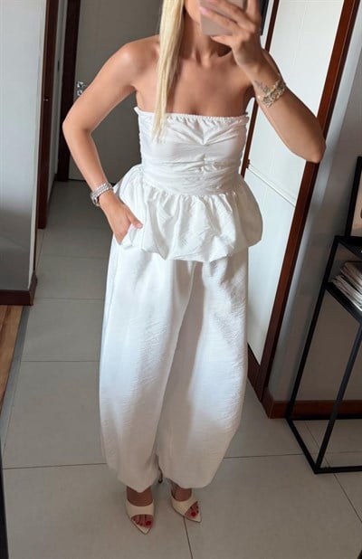BEYAZ STRAPLEZ BLUZ PAÇASI LASTİKLİ PANTOLON TAKIM
