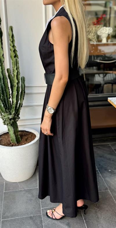 BİYE DETAYLI KEMERLİ ELBİSE SİYAH