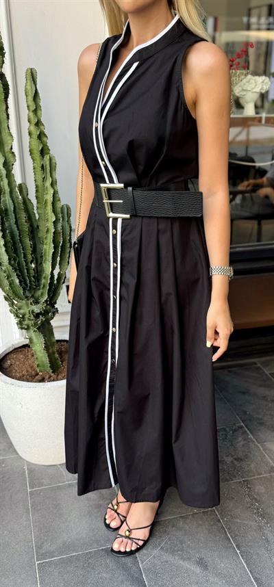 BİYE DETAYLI KEMERLİ ELBİSE SİYAH