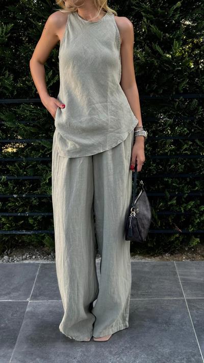 BLUZ PANTOLON KETEN VERA KESİM TAKIM HAKİ