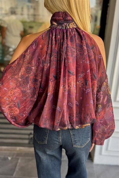 BORDO DESENLİ ŞİFON OMUZ DEKOLTELİ BLUZ