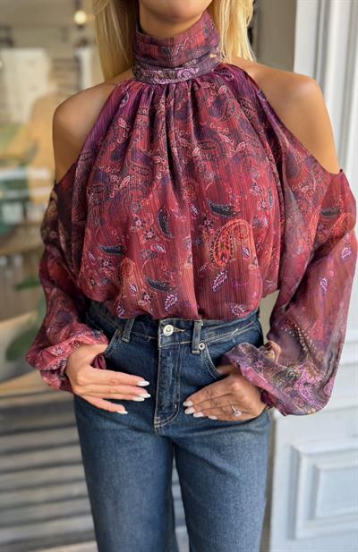 BORDO DESENLİ ŞİFON OMUZ DEKOLTELİ BLUZ