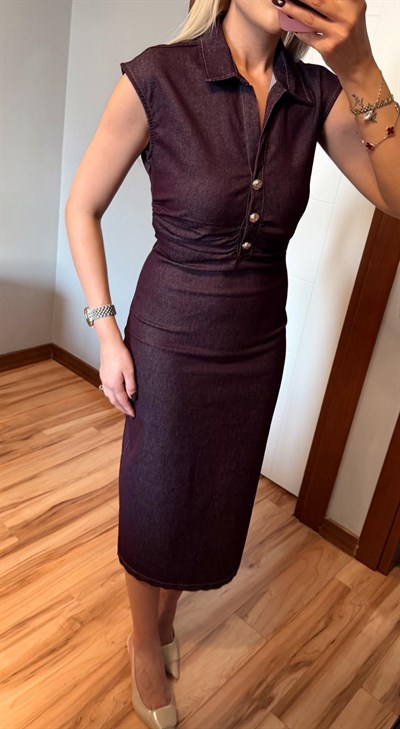 BORDO DRAPELİ KOLSUZ DÜĞMELİ DENİM ELBİSE