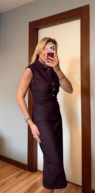 BORDO DRAPELİ KOLSUZ DÜĞMELİ DENİM ELBİSE