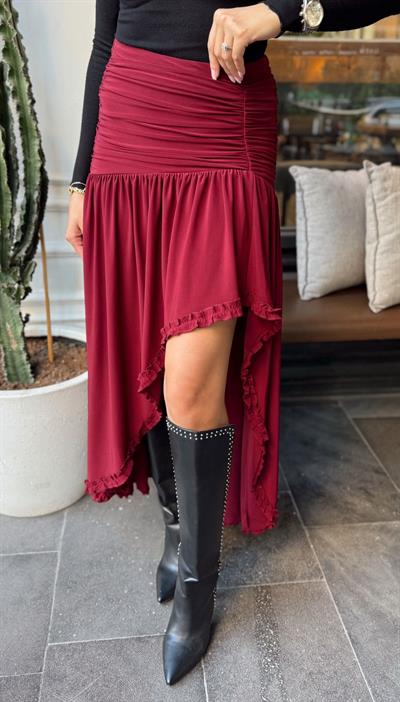 BORDO DRAPELİ YIRTMAÇLI TASARIM ETEK