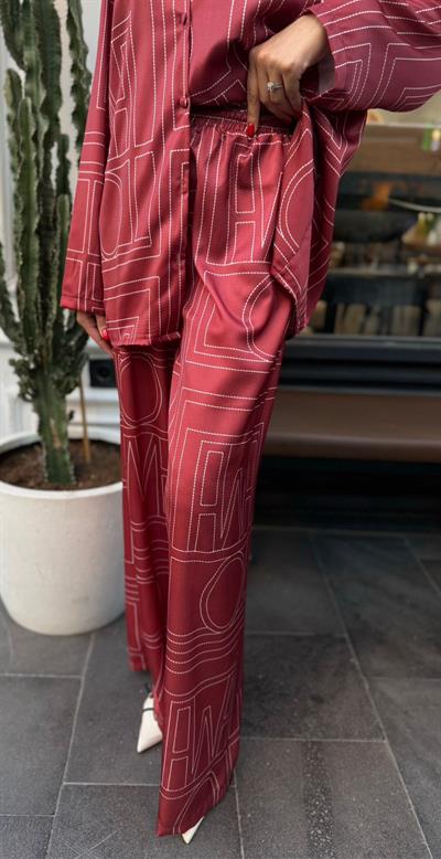 BORDO GEOMETRİK DESEN GÖMLEK PANTOLON TAKIM