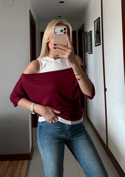BORDO KAYIK YAKA ÇIKARILABİLİR BLUZ ATLET TSHİRT TAKIM