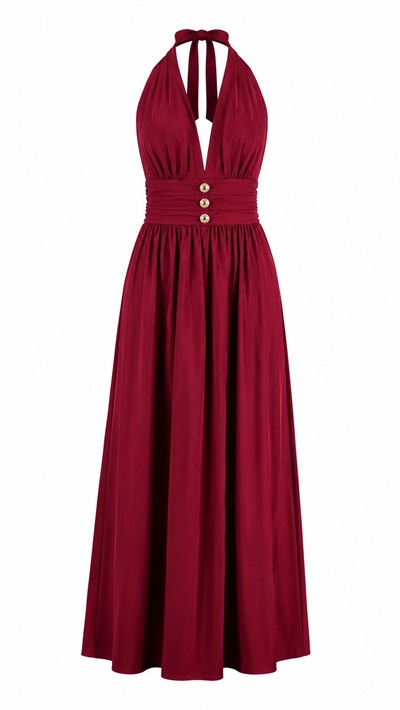 BORDO LENNOX HALTER YAKA GOLD DÜĞMELİ ELBİSE