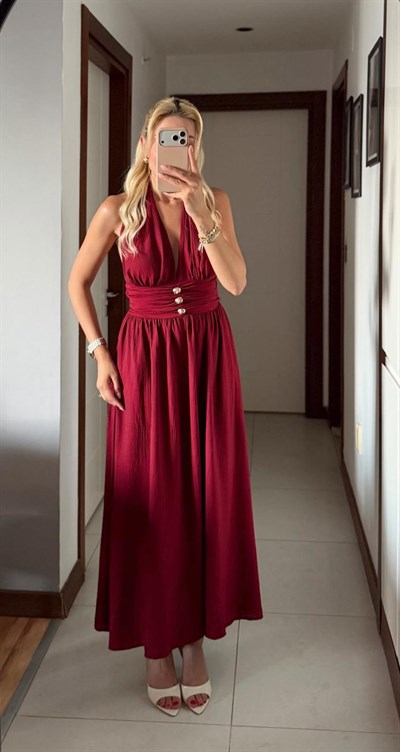 BORDO LENNOX HALTER YAKA GOLD DÜĞMELİ ELBİSE