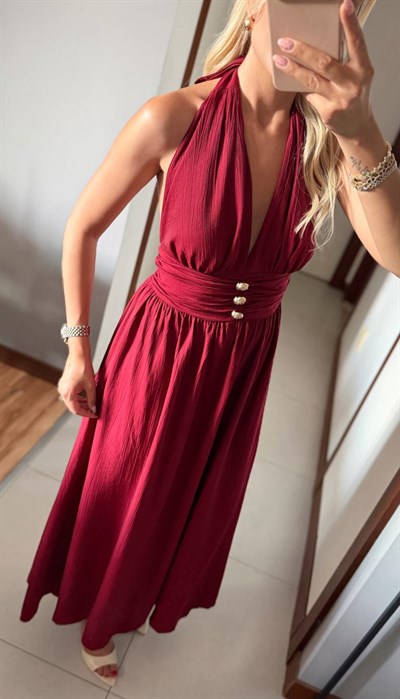 BORDO LENNOX HALTER YAKA GOLD DÜĞMELİ ELBİSE