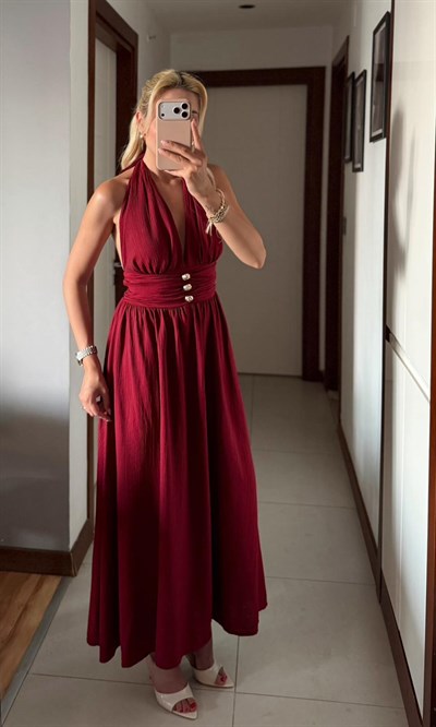 BORDO LENNOX HALTER YAKA GOLD DÜĞMELİ ELBİSE