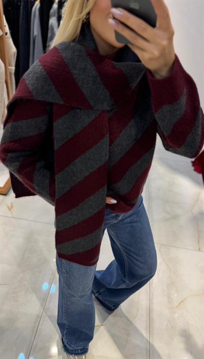 BORDO MARKA MODEL İPKYL ATKILI ÇİZGİ DESEN TRİKO