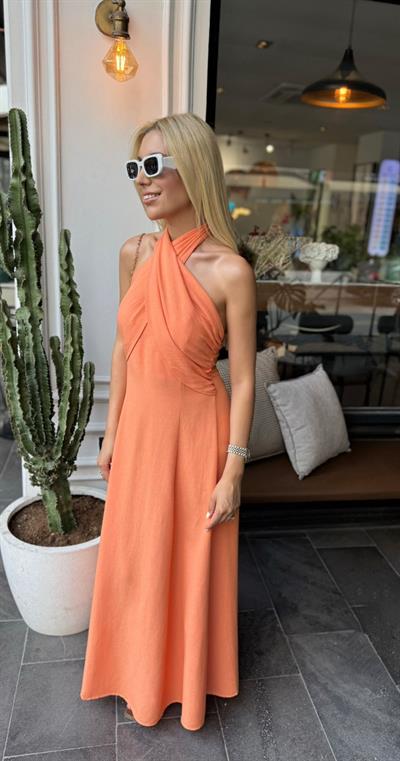 BOYUNDAN BAĞLAMALI ÇAN ELBİSE TURUNCU