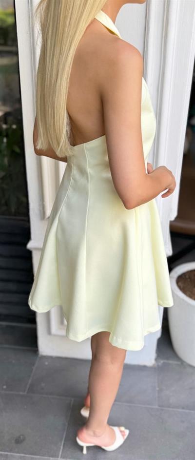 BOYUNDAN BAĞLAMALI KISA ÇAN ELBİSE SARI