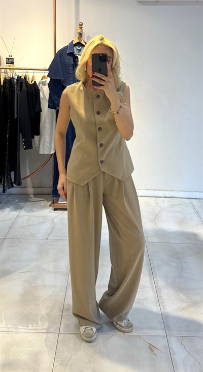 CAMEL PREMİUM BELİ LASTİKLİ DÜĞME DETAY PALAZZO PANTOLON 