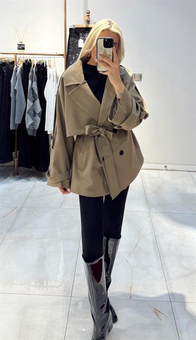 CAMEL PREMİUM OVERSİZE APOLETLİ KISA TRENÇKOT