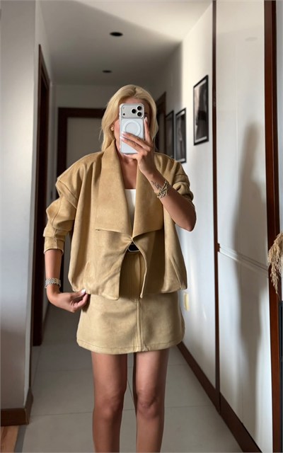 CAMEL SUET KEMER DETAYLI MİNİ ETEK