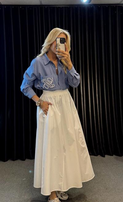 CEP KISMI NAKIŞ DETAYLI ÇİZGİLİ GÖMLEK MAVİ