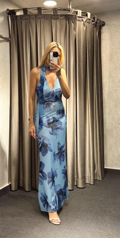 ÇİÇEK DESEN TÜL ASTARLI ELBİSE MAVİ