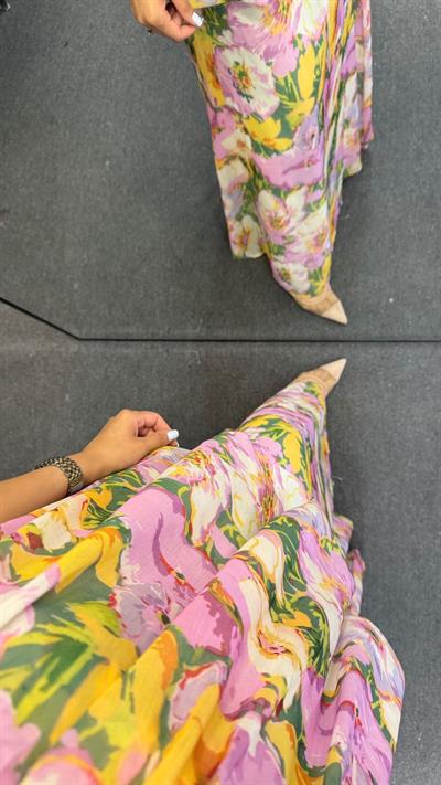 ÇİÇEK DESENLİ ASKILI ELBİSE PEMBE