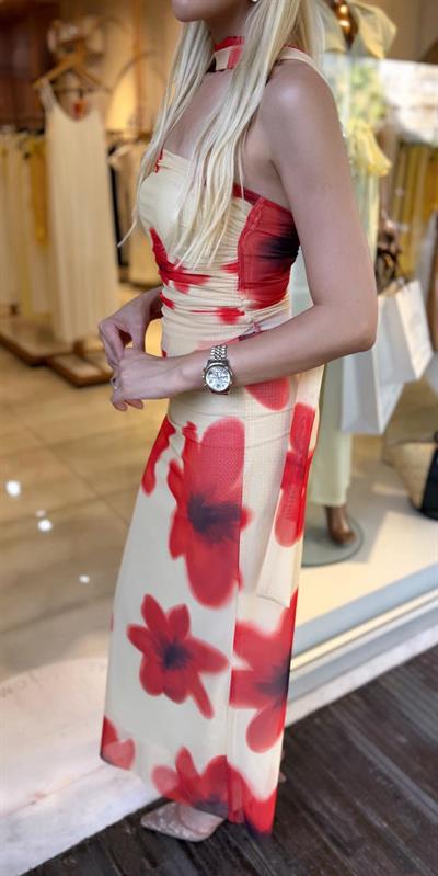 ÇİÇEK DESENLİ FULARLI STRAPLEZ ETEK TAKIM