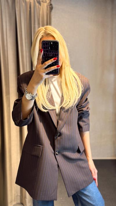 ÇİZGİLİ OVERSİZE BLAZER CEKET ACI KAHVE