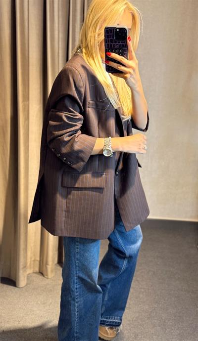 ÇİZGİLİ OVERSİZE BLAZER CEKET ACI KAHVE