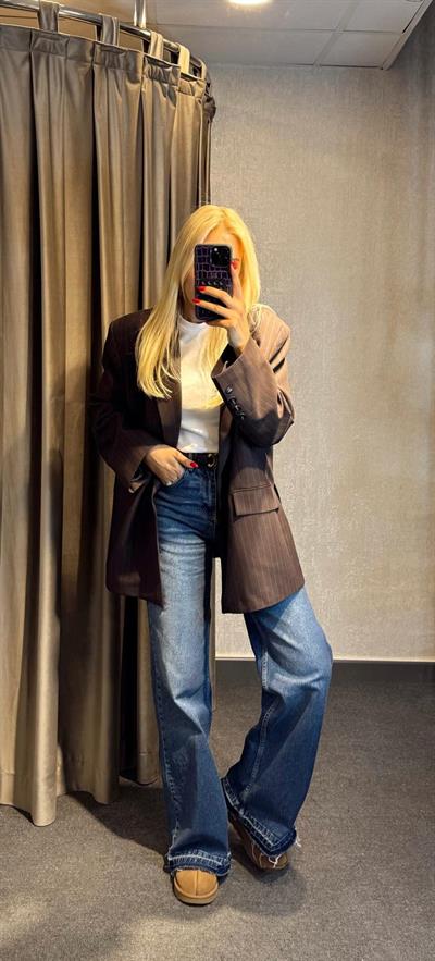 ÇİZGİLİ OVERSİZE BLAZER CEKET ACI KAHVE