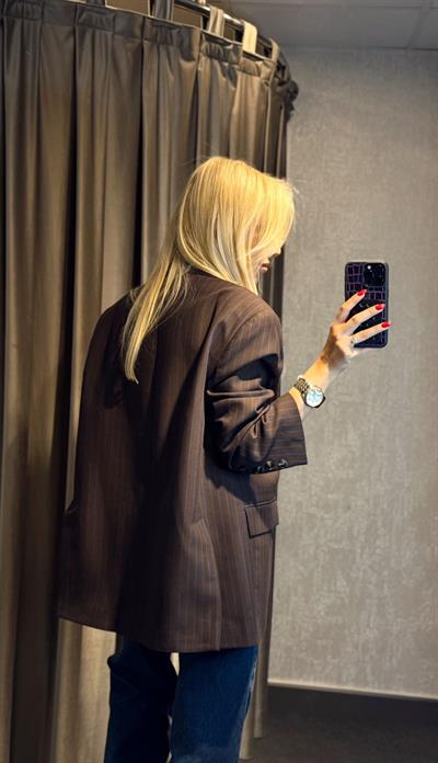 ÇİZGİLİ OVERSİZE BLAZER CEKET ACI KAHVE