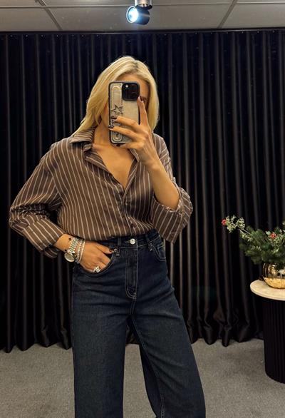 ÇİZGİLİ VİSKON PAMUK GÖMLEK KAHVE