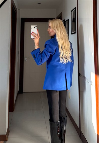CORALİA MAVİ DİK YAKA DÜĞMELİ BLAZER CEKET