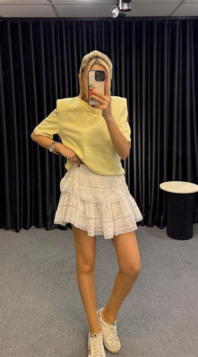 DANTEL GEÇİŞLİ MİNİ ETEK EKRU