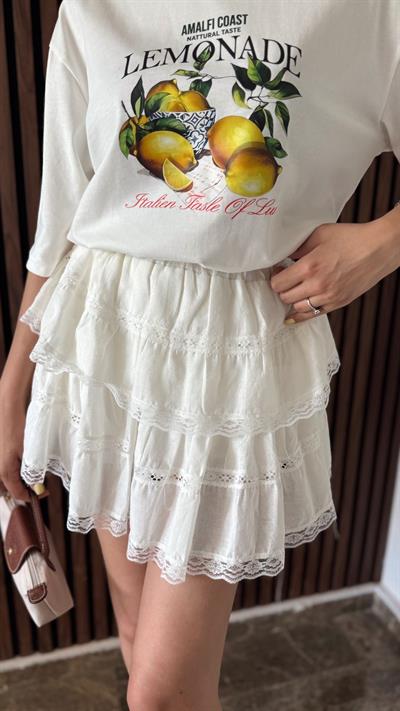 DANTEL GEÇİŞLİ ŞORT ETEK EKRU