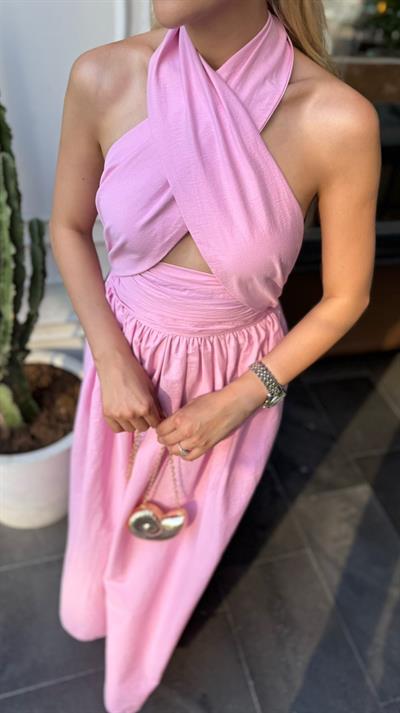 DAVİNA BOYUNDAN BAĞLAMALI ELBİSE PEMBE