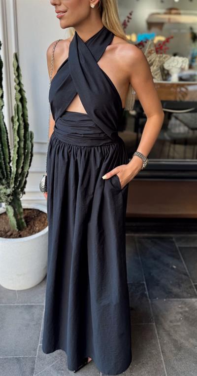 DAVİNA BOYUNDAN BAĞLAMALI ELBİSE SİYAH