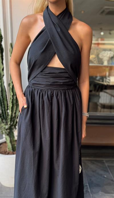 DAVİNA BOYUNDAN BAĞLAMALI ELBİSE SİYAH