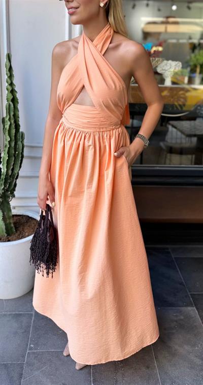 DAVİNA BOYUNDAN BAĞLAMALI ELBİSE SOMON