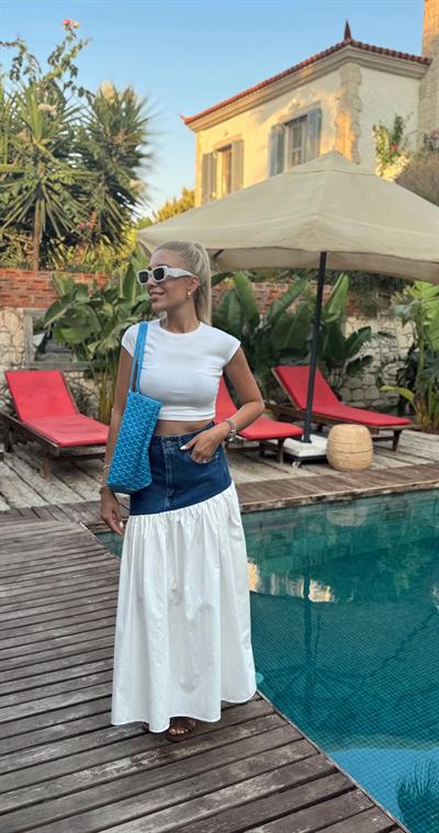 DENİM DETAYLI POPLİN ETEK