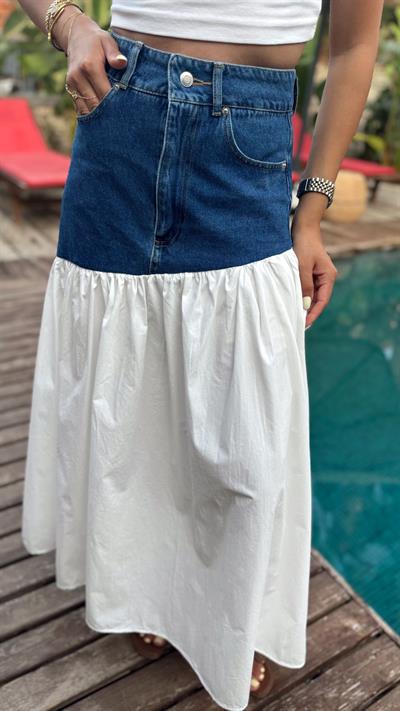 DENİM DETAYLI POPLİN ETEK