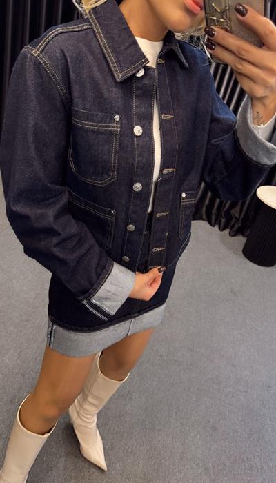 DENİM KATLAMALI CEKET ETEK TAKIM MAVİ