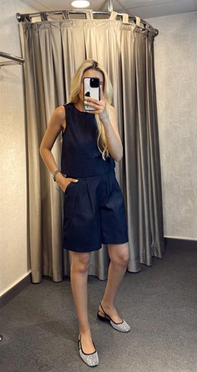 DENİM KOLSUZ BLUZ ŞORT TAKIM