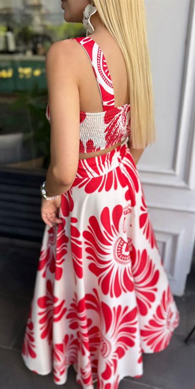 DESENLİ CROP BLUZ ETEK TAKIM KIRMIZI