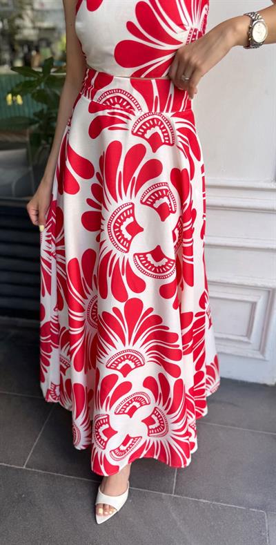 DESENLİ CROP BLUZ ETEK TAKIM KIRMIZI