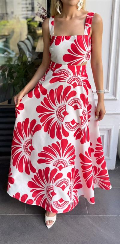 DESENLİ CROP BLUZ ETEK TAKIM KIRMIZI