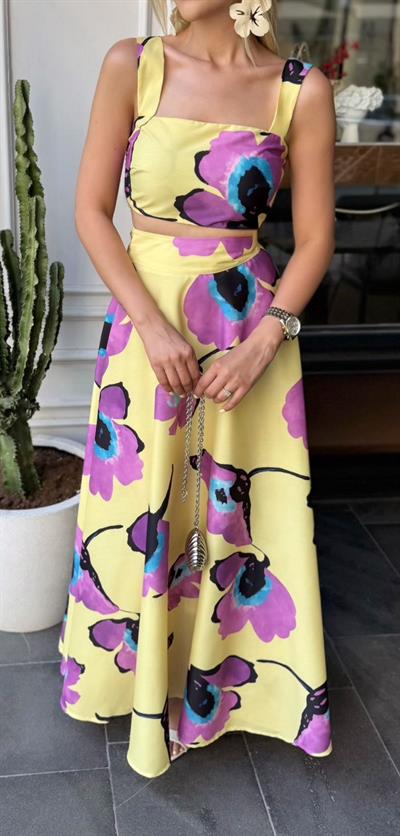 DESENLİ CROP BLUZ ETEK TAKIM SARI