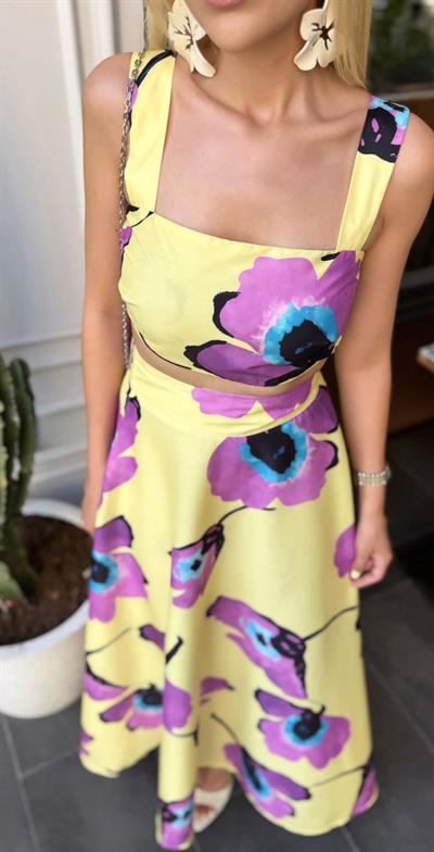 DESENLİ CROP BLUZ ETEK TAKIM SARI