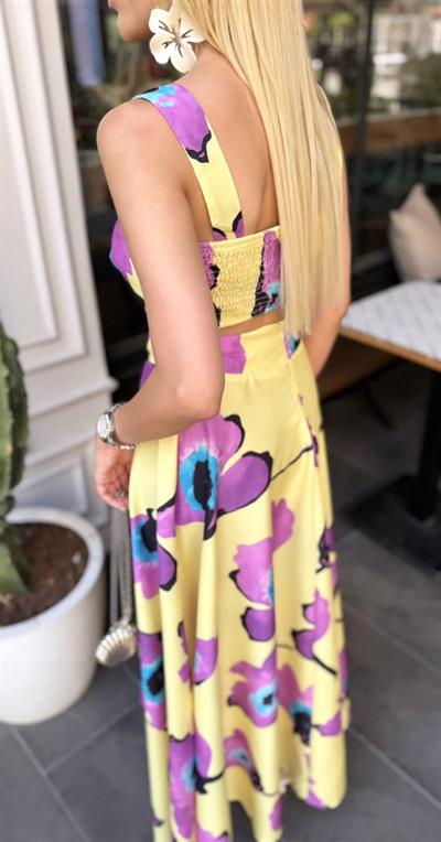 DESENLİ CROP BLUZ ETEK TAKIM SARI