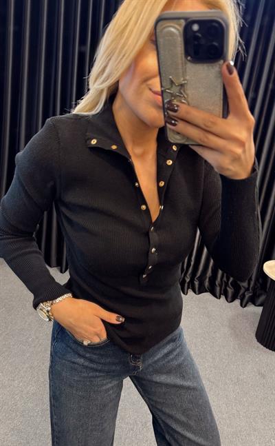 DİLVİN DİK YAKA ÇITÇITLI ÇELİK ÖRME TRİKO SİYAH